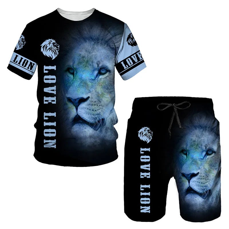 2024 Temu Summer New 3D Printing Men'S Casual Lion Suit Short Sleeve Short Pants Cover - Image 5